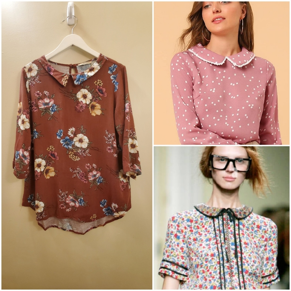 Vintage EIKOSI Pointed flat collar top,  brown fabric with floral prints size M